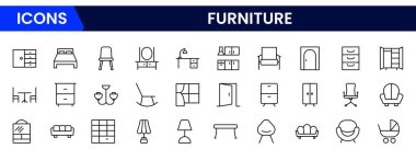 Mobilyalar ve ev içi elementler - ince çizgi ağ simgesi seti. Mutfak, oturma odası, yatak odası ve ofis koleksiyonu..