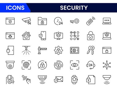 Güvenlik ve Koruma ince çizgi simgeleri ayarlandı. Güvenlik simgeleri. Koruma sembolleri koleksiyonu. Vektör