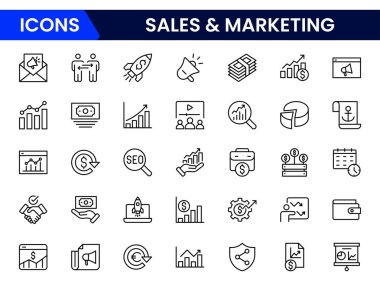 Pazarlama ikonu seti. Web sitesi, sosyal medya, seo, satış ve daha fazlası, doldurulmuş vektör sembolü koleksiyonu. Web ve UI için simge simgeleri. Vektör illüstrasyonu.