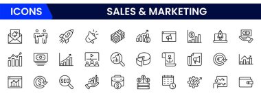 Pazarlama ikonu seti. Web sitesi, sosyal medya, seo, satış ve daha fazlası, doldurulmuş vektör sembolü koleksiyonu. Web ve UI için simge simgeleri. Vektör illüstrasyonu.