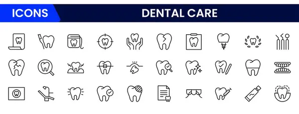 Dişçi ikonu seti. Basit çizgi sanat simgeleri paketi. Vektör çizimi. Diş elementleri piktogram ve minimal ince ağ simgesi setini vurur. Taslak koleksiyonu. resimleme
