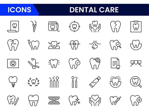 Dişçi ikonu seti. Basit çizgi sanat simgeleri paketi. Vektör çizimi. Diş elementleri piktogram ve minimal ince ağ simgesi setini vurur. Taslak koleksiyonu. resimleme