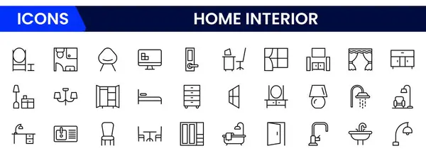 Ev içi çizgi simgeleri koleksiyonu. Tabaklar, cihazlar, dekorasyon simgeleri. Kullanıcı simgesi seti. İnce taslak simgeleri paketle.
