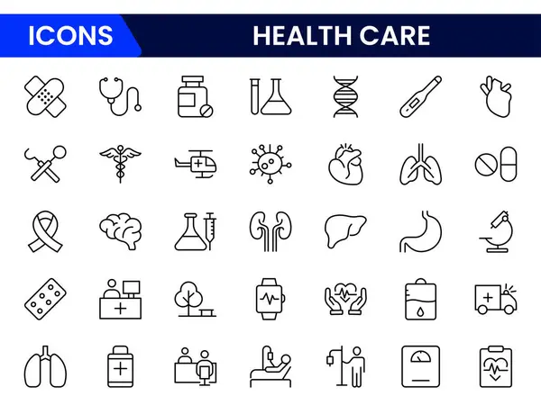 Basit Sağlık Hizmetleri Vektör Satırı Simgeleri. Tedavi, önleme, sağlık, teşhis, rapor, hastalık, yaralanma ve daha fazlasını içeren.