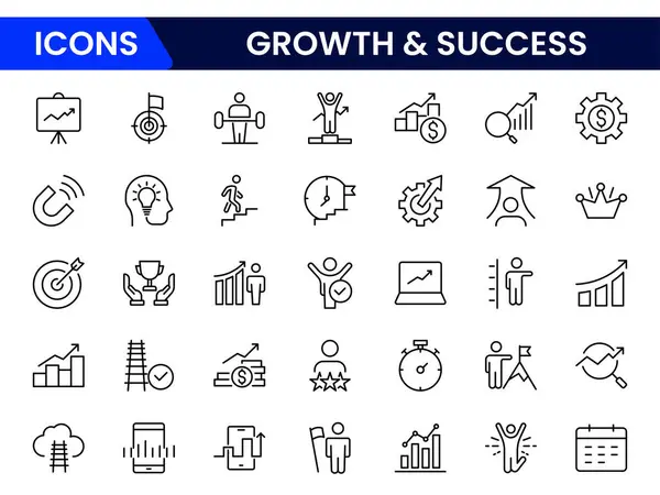 Büyüme ve başarı çizgisi simgeleri koleksiyonu. Büyük UI simgesi düz dizayn edildi. İnce taslak simgeler paketi. Vektör illüstrasyonu