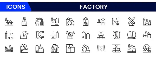 Fabrika ikonu seti. Endüstri, üretim, makine, imalat, depo, imalat, mal ve daha fazlasını içeriyor. simge koleksiyonu.