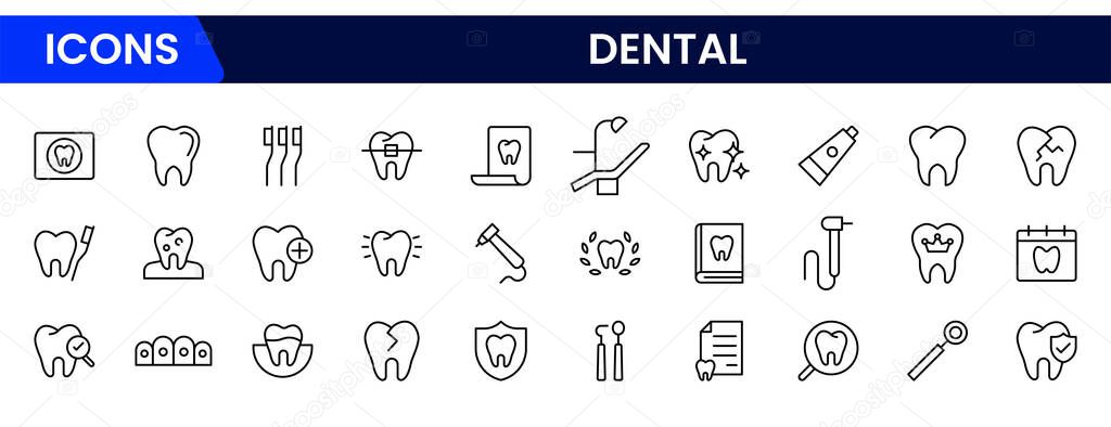 Dental icon set. Containing tooth, dentist, toothpaste, toothbrush, teeth, implant and dentistry icons collection. Vector illustration.