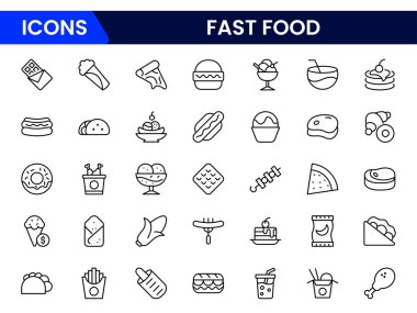 Fast food web simgesi hizaya getirildi. Pizza, cips, hamburger, patates kızartması, sosisli sandviç, koleksiyon. Vektör illüstrasyonu.