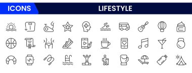 Yaşam tarzı simgesi seti. Sağlıklı yaşam tarzı, diyet, egzersiz, uyku, ilişkiler, koşu, rutin, öz bakım, kültür ve hobi ikonları içerir.