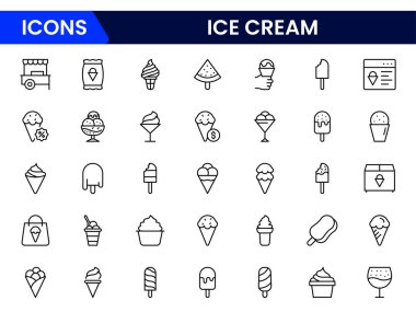 Dondurma ikonları dondurulmuş kremalı tatlılar, dondurmalı dondurma, dondurma külahı, karamel eskimo ya da çikolatalı dondurma kremalı dondurma ve meyveli buz, taze vanilyalı kepçe