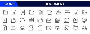 Belgeler, sözleşme, pasaport, özgeçmiş ve arşivle ilgili satır simgeleri. Taslak simge koleksiyonu.