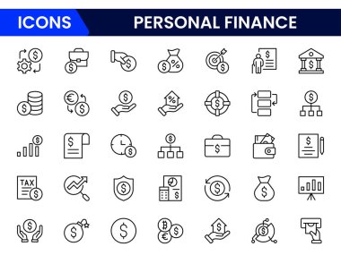 Kişisel Finans Hattı Para ve Sikkeler web simgeleri. Nakit, Kredi Kartları, Para Çantası, Bankacılık, Yatırım, Gelir, Muhasebe, Para, Kredi.