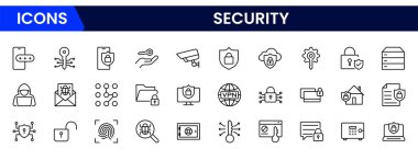 Siber güvenlik ikonu ayarlandı. Veri koruma sembolü. Güvenli ağ simgesi koleksiyonu. Teknoloji konsepti. Vektör illüstrasyonu.