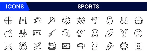 Sports Icons vektör ilüstrasyonunda madalya, futbol, basketbol, bisiklet, atlet, raket, masa tenisi, yedek, kardiyo, ağırlık antrenmanı, golf, voleybol