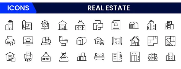 Gayrimenkul, çok küçük bir ağ simgesi seti. Simgeler arasında emlak, mülk, ipotek, ev kredisi ve daha fazlası vardı. Taslak simge koleksiyonu. Basit vektör