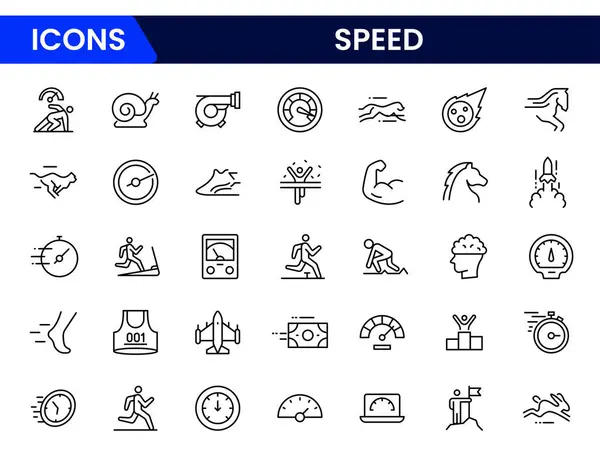 Hız simgeleri, üretkenlikle ilgili simgelerin modern ince çizgi tarzında Vektör illüstrasyonunu ayarlar: mobil uygulamalar için hızlı, güçlü, güçlü ve daha fazla pictogram ve bilgi grafiği.