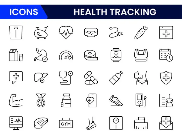 Sağlık İzleme Simgesi Seti. Form, sağlık ve tıbbi uygulamalar için temiz ve modern simgeler, egzersiz, beslenme, hayati değerler ve genel olarak kullanıcı dostu bir şekilde refah için mükemmel..