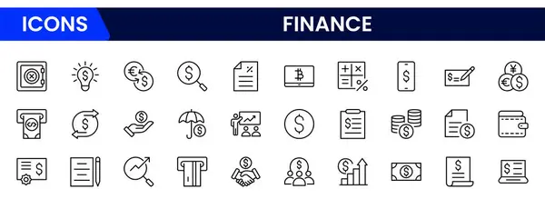 Para, banka, çek, hukuk, açık artırma, takas, ödeme, cüzdan, depozito, domuzcuk, hesap makinesi, web ve daha izole edilmiş ince bir sembol ile vektör iş ve finans hattı simgesi seti