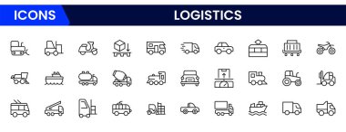 Lojistik simge seti. Dağıtım, nakliye, ulaşım, teslimat, kargo, yük, rota planlaması, tedarik zinciri, ihracat ve ithalat simgeleri içeriyor.
