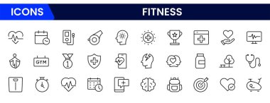 Fitness, spor salonu, antrenman çizgisi simgeleri, fitness çizgisi simgeleri, vektör çizici seti