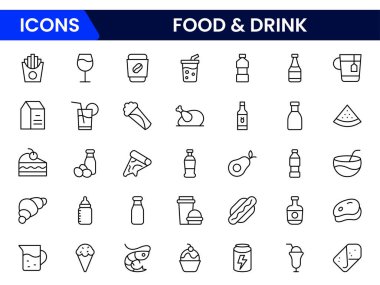 Yemek ve içecek web simgeleri aynı hizada. Yemek, restoran, yemek, meyve, fast food, burger, pizza, kahve, sandviç, koleksiyon. Vektör illüstrasyonu.