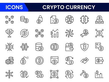 Taslak biçiminde kripto para birimi web simgeleri. Bağış, bitcoin şifreleme, bağış, ekonomist, bankacılık, geri çekilme, tor, açgözlülük, takas gibi ince çizgi simgeleri
