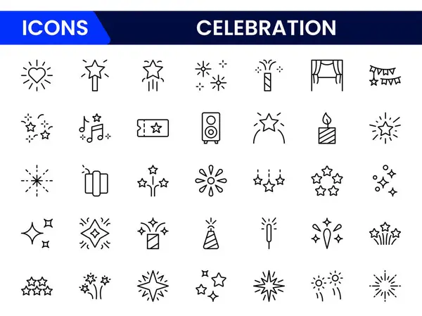 Simge setini kutla. Kutlamalar, havai fişekler, tezahüratlar, parti, hediyeler, şampanya, sürprizler, balonlar ve davetiyeler. vektör koleksiyonu.