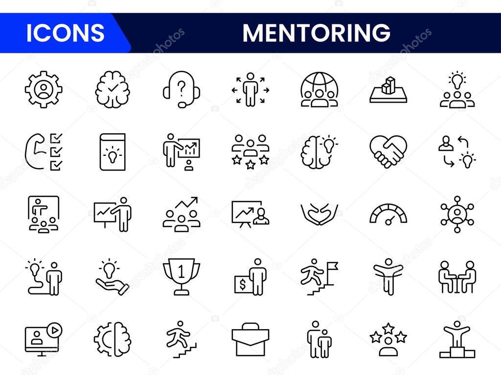 A set of line icons related to Mentoring. Mentor, training, skill, leadership, target, time, communication, plan, education, and so on. Vector outline icons set.