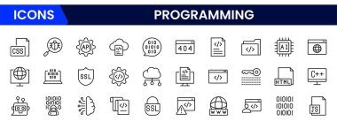 Programlama ve kodlama simgesi seti. Yazılım geliştirme simgesi koleksiyonu. Kod, api, programcı, geliştirici, bilgi teknolojisi, kodlayıcı ve daha fazlası gibi simgeleri içerir