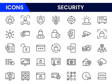 Güvenlik web simgeleri hizada. Güvenlik, siber güvenlik, şifre, akıllı ev, güvenlik, veri koruması, anahtar, kalkan, kilit açma, göz erişimi. Vektör illüstrasyonu.