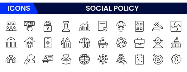 Sosyal Politika çizgisi simgesi seti. Eğitim, reform, hizmet, refah, sağlık, mevzuat ve toplumla ilgili ikonlar. Sosyal Politika ikon koleksiyonunu özetliyor. Vektör illüstrasyonu.