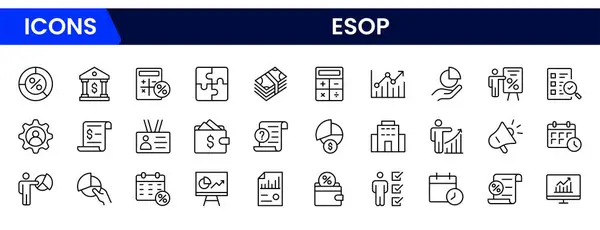 ESOP ile ilgili bir dizi çizgi simgesi. Çalışanlar, planlar, mülkiyet, hisse senedi, kâr, vesaire. Taslak simge koleksiyonu