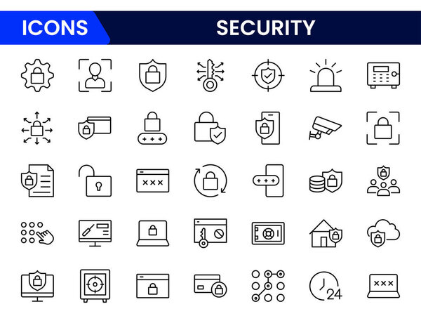 Иконки безопасности в стиле линии. Охрана, кибербезопасность, пароль, умный дом, безопасность, защита данных, ключ, щит, замок, разблокировка, доступ к глазам. Векторная иллюстрация.