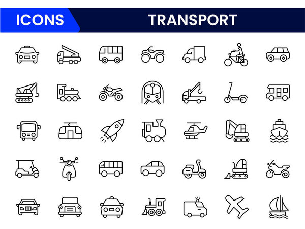 Набор значков транспорта. Содержит автомобили, велосипеды, самолеты, поезда, велосипеды, мотоциклы, автобусы и скутеры. Коллекция иконок.