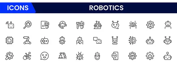 Robotik ve Otomasyon Simgeleri veri bilimi, algoritma, sohbet robotu, otomasyon, makine öğrenme, nöral ağlar, yüz hatları içeren ince satır düzenlenebilir vuruş ile vektör illüstrasyonu.