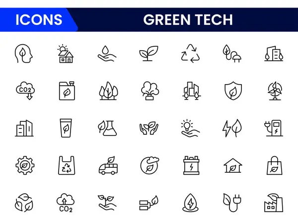 Green Tech & Sürdürülebilirlik vektör simgeleri sürdürülebilirlik, güneş, rüzgar, temiz enerji, yeşil teknoloji, net-sıfır ve ekolojik çözümler için