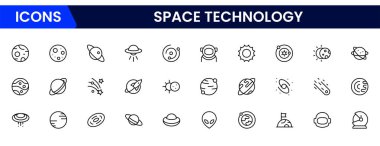 Uzay ve Teknoloji ikonu seti. Uydular, evren, astronotlar, roketler, kuyrukluyıldızlar, teleskoplar ve gezegenler ve daha fazla ikon içerir.