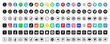 Yuvarlak köşeli popüler sosyal uygulamaların simgesi. Sosyal medya simgeleri, tasarım vektörü koleksiyonunuz için şeffaf arkaplanlar üzerinde modern tasarımlardır.