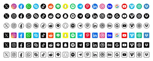 Yuvarlak köşeli popüler sosyal uygulamaların simgesi. Sosyal medya simgeleri, tasarım vektörü koleksiyonunuz için şeffaf arkaplanlar üzerinde modern tasarımlardır.