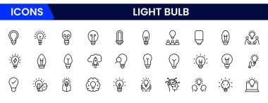 Ampul fikir çizgisi simgeleri. Vektör elektrik lambaları ve ampuller yaratıcı çözüm, fikir, yenilik ve ilham konsepti için ana hatları izole edilmiş semboller.