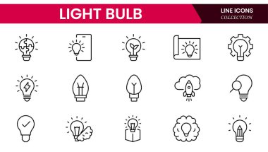 Ampul fikir çizgisi simgeleri. Vektör elektrik lambaları ve ampuller yaratıcı çözüm, fikir, yenilik ve ilham konsepti için ana hatları izole edilmiş semboller.