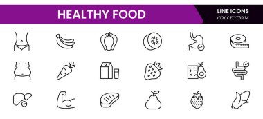 Sağlıklı yiyecek doğrusal ikon koleksiyonu. Yiyecek, sebze, su, palmiye yağı, kalori, sıfır trans yağ, probiyotik ve daha fazlası içeriyor.