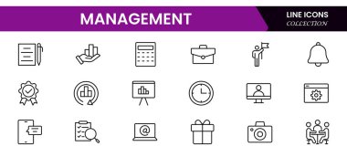 Web simgelerinin yönetim seti hizada. Web ve mobil uygulama için iş veya organizasyon yönetim simgeleri. Zaman yönetimi, planlama, proje, başlangıç, pazarlama. Vektör illüstrasyonu