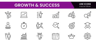 Büyüme ve başarı çizgisi simgeleri koleksiyonu. Büyük UI simgesi düz dizayn edildi. İnce taslak simgeler paketi. Vektör illüstrasyonu
