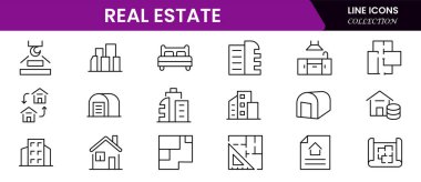 Gayrimenkul, çok küçük bir ağ simgesi seti. Simgeler arasında emlak, mülk, ipotek, ev kredisi ve daha fazlası vardı. Taslak simge koleksiyonu. Basit vektör