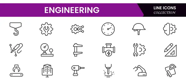 Mühendislik ve üretim hattı simgeleri koleksiyonu. Büyük UI simgesi düz dizayn edildi. İnce taslak simgeleri paketle.