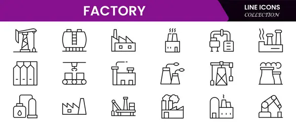 Fabrika ikonu seti. Endüstri, üretim, makine, imalat, depo, imalat, mal ve daha fazlasını içeriyor. simge koleksiyonu.