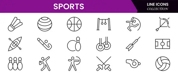 Sports Icons vektör ilüstrasyonunda madalya, futbol, basketbol, bisiklet, atlet, raket, masa tenisi, yedek, kardiyo, ağırlık antrenmanı, golf, voleybol