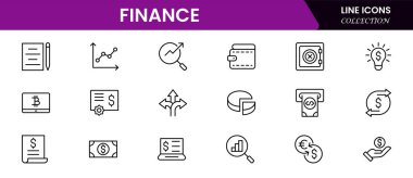 Para, banka, çek, hukuk, açık artırma, takas, ödeme, cüzdan, depozito, domuzcuk, hesap makinesi, web ve daha izole edilmiş ince bir sembol ile vektör iş ve finans hattı simgesi seti
