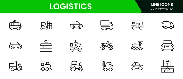 Lojistik simge seti. Dağıtım, nakliye, ulaşım, teslimat, kargo, yük, rota planlaması, tedarik zinciri, ihracat ve ithalat simgeleri içeriyor.